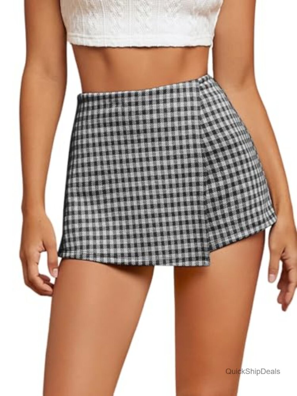 Plaid High Waisted Wrap Skort Asymmetrical Hem Casual Skirt